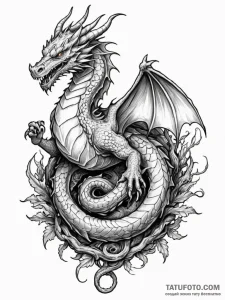Dragon coiled around a forgotten, mossy thron... - эскиз тату (№1751734605_0, 05.07.2025 16:56) — Tatufoto.com