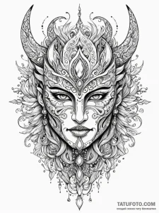 Warrior mask beneath celestial storm, ink ill... - эскиз тату (№1751735478_0, 05.07.2025 17:11) — Tatufoto.com