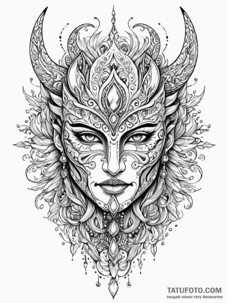 Warrior mask beneath celestial storm, ink ill... - эскиз тату (№1751735478_0, 05.07.2025 17:11) — Tatufoto.com