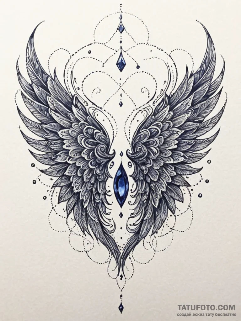 Sapphire wings beneath burning sky, artistic... - эскиз тату (№1751735565_0, 05.07.2025 17:12) — Tatufoto.com