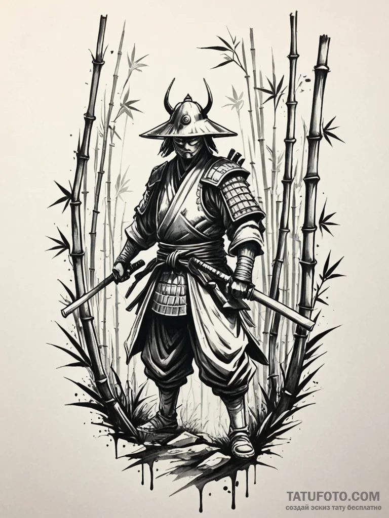 Ghostly samurai warrior fading into a bamboo... - эскиз тату (№1751735775_0, 05.07.2025 17:16) — Tatufoto.com