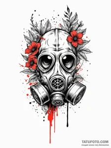 Gas mask with flowers growing from it, ink il... - эскиз тату (№1751735861_0, 05.07.2025 17:17) — Tatufoto.com