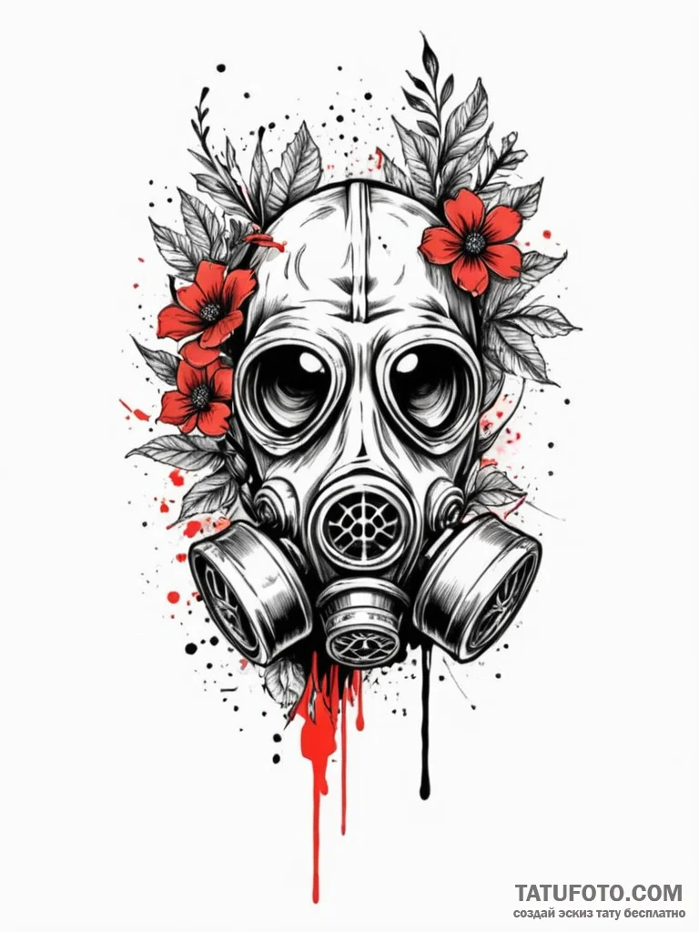 Gas mask with flowers growing from it, ink il... - эскиз тату (№1751735861_0, 05.07.2025 17:17) — Tatufoto.com
