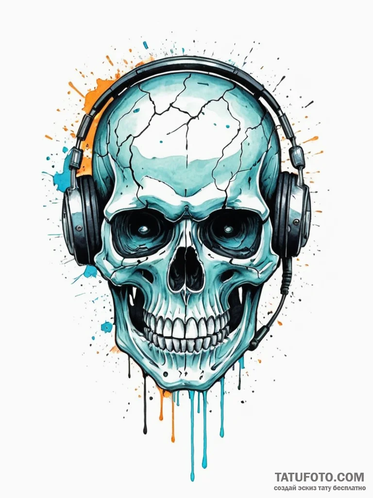 A skull with a glowing cyberpunk visor, tatto... - эскиз тату (№1751736463_0, 05.07.2025 17:27) — Tatufoto.com