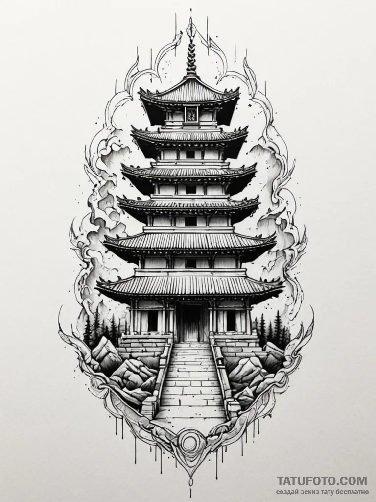 An ancient temple with neon holographic glyph... - эскиз тату (№1751736549_0, 05.07.2025 17:29) — Tatufoto.com