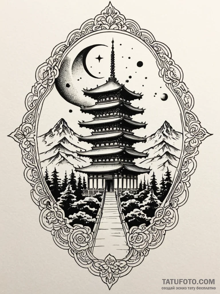 Pagoda beneath crimson eclipse, tattoo line a... - эскиз тату (№1751736897_0, 05.07.2025 17:34) — Tatufoto.com