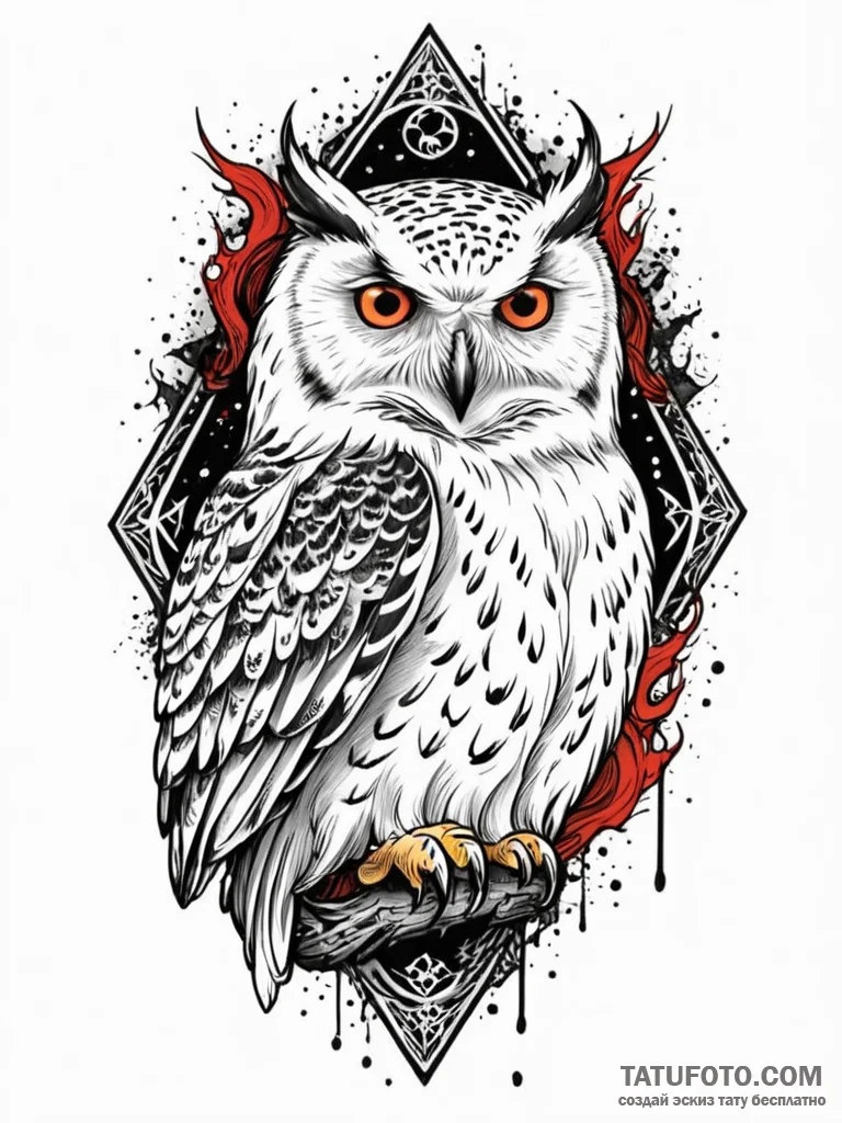 Snowy owl with eyes like burning embers, ink... - эскиз тату (№1751737939_0, 05.07.2025 17:52) — Tatufoto.com