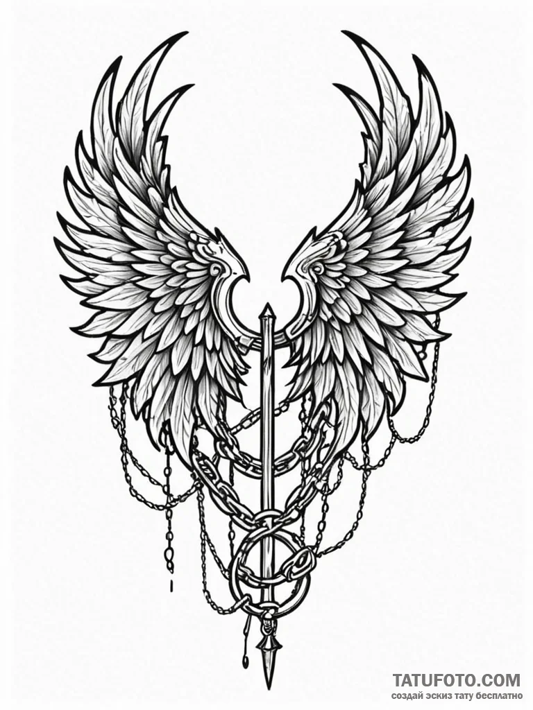 Haunted wings wrapped in chains, tattoo flash... - эскиз тату (№1751738299_0, 05.07.2025 17:58) — Tatufoto.com