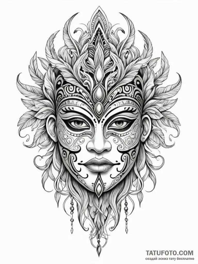 Polynesian mask with intricate, flowing patte... - эскиз тату (№1751738588_0, 05.07.2025 18:03) — Tatufoto.com