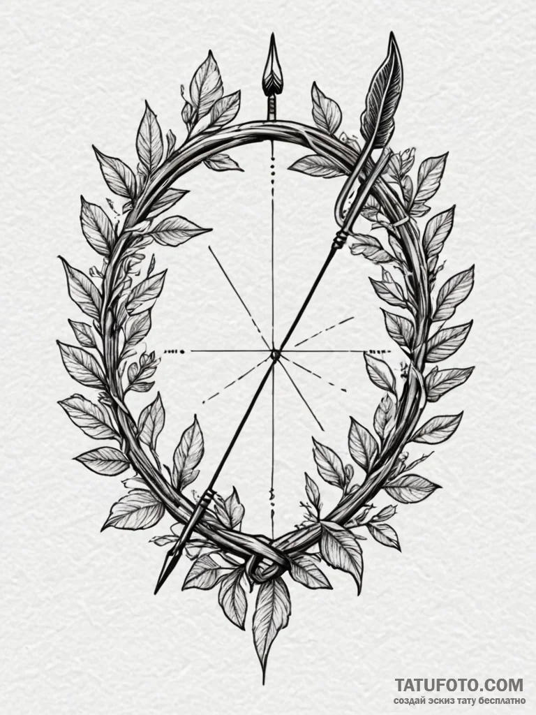 Bow and arrow made of interwoven tree branche... - эскиз тату (№1751739283_0, 05.07.2025 18:14) — Tatufoto.com