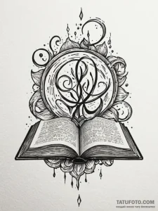 Open book with floating glyphs, tattoo sketch... - эскиз тату (№1751739369_0, 05.07.2025 18:16) — Tatufoto.com