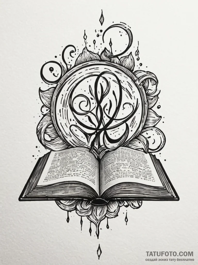 Open book with floating glyphs, tattoo sketch... - эскиз тату (№1751739369_0, 05.07.2025 18:16) — Tatufoto.com