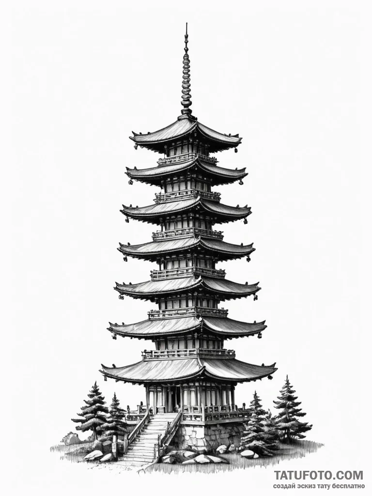 Pagoda, symbolizing wisdom and serenity, tatt... - эскиз тату (№1751739806_0, 05.07.2025 18:23) — Tatufoto.com