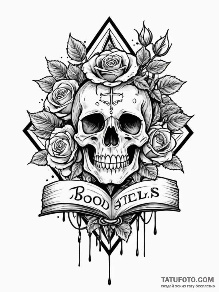 Blood-spattered book of spells, tattoo flash... - эскиз тату (№1751740154_0, 05.07.2025 18:29) — Tatufoto.com