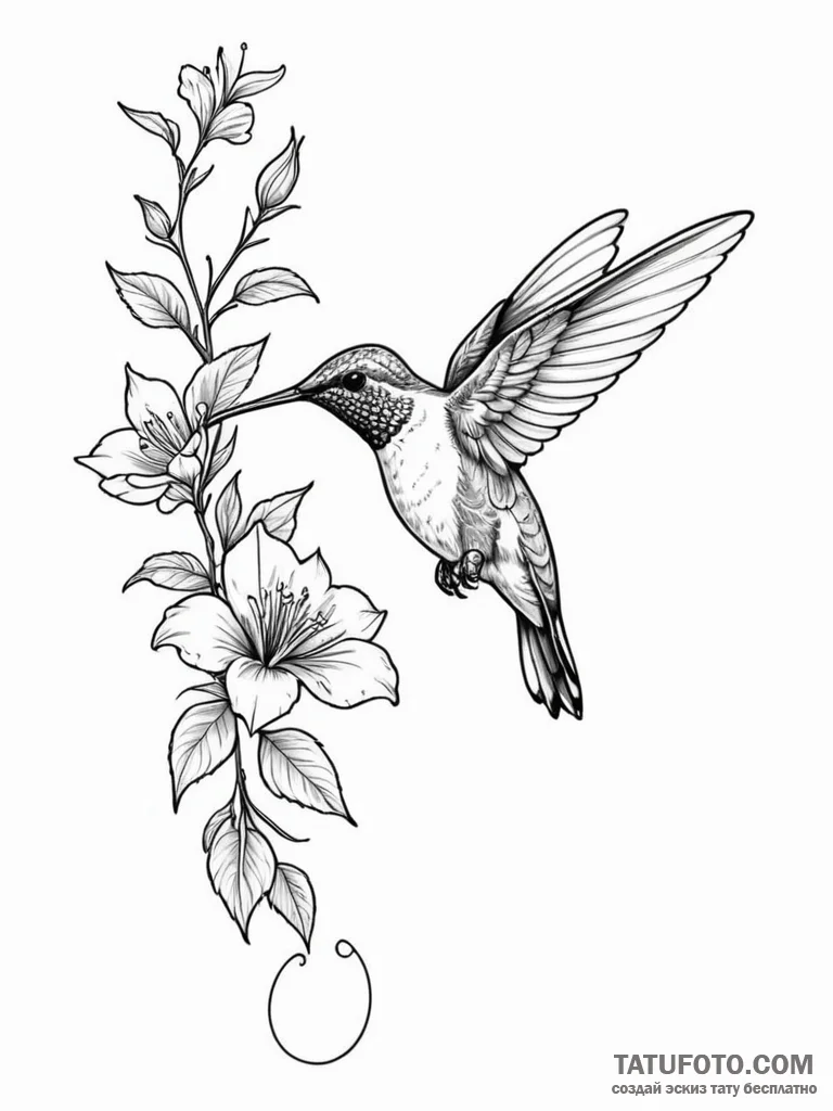 Hummingbird sipping nectar from a fuchsia flo... - эскиз тату (№1751740501_0, 05.07.2025 18:35) — Tatufoto.com