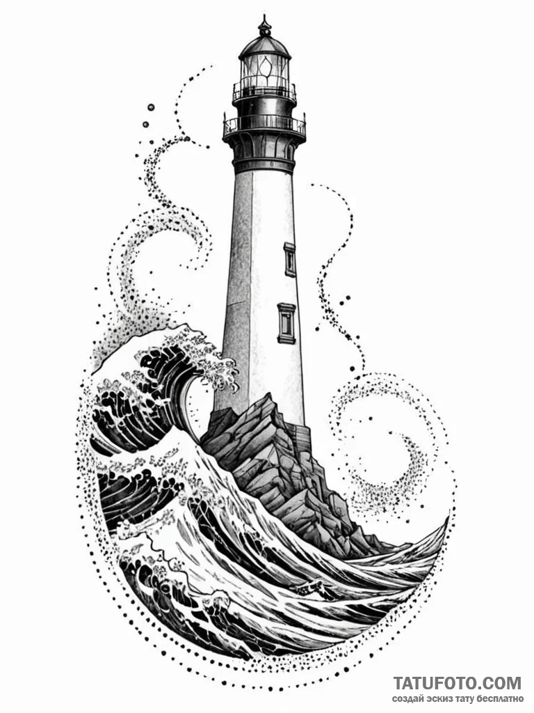 Lighthouse being enveloped by a giant wave, i... - эскиз тату (№1751740671_0, 05.07.2025 18:37) — Tatufoto.com