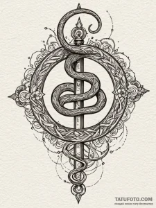 Iron serpent circling celestial bloom, ink il... - эскиз тату (№1751741529_0, 05.07.2025 18:52) — Tatufoto.com