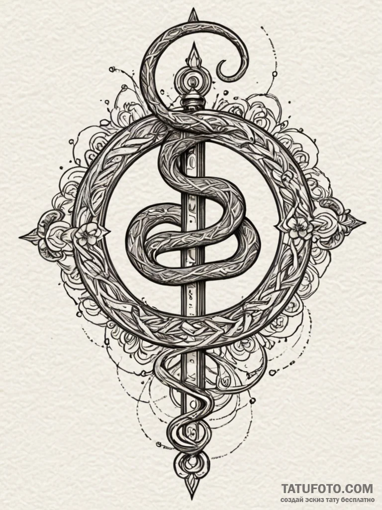 Iron serpent circling celestial bloom, ink il... - эскиз тату (№1751741529_0, 05.07.2025 18:52) — Tatufoto.com
