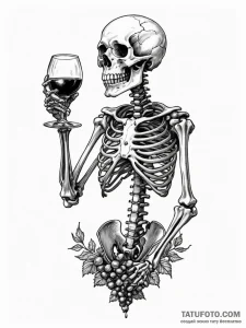 Animated skeleton drinking wine, tattoo flash... - эскиз тату (№1751742467_0, 05.07.2025 19:07) — Tatufoto.com