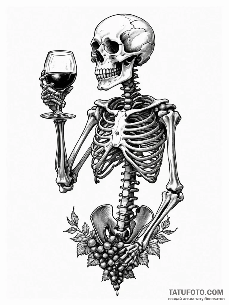 Animated skeleton drinking wine, tattoo flash... - эскиз тату (№1751742467_0, 05.07.2025 19:07) — Tatufoto.com