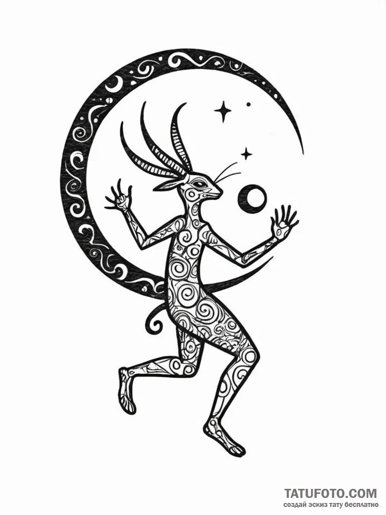 Kokopelli dancing on a moonbeam, concept art... - эскиз тату (№1751742814_0, 05.07.2025 19:13) — Tatufoto.com