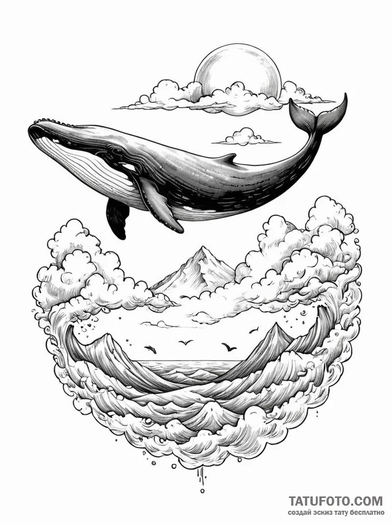 A whale swimming through clouds - эскиз тату (№1751742899_0, 05.07.2025 19:14) — Tatufoto.com