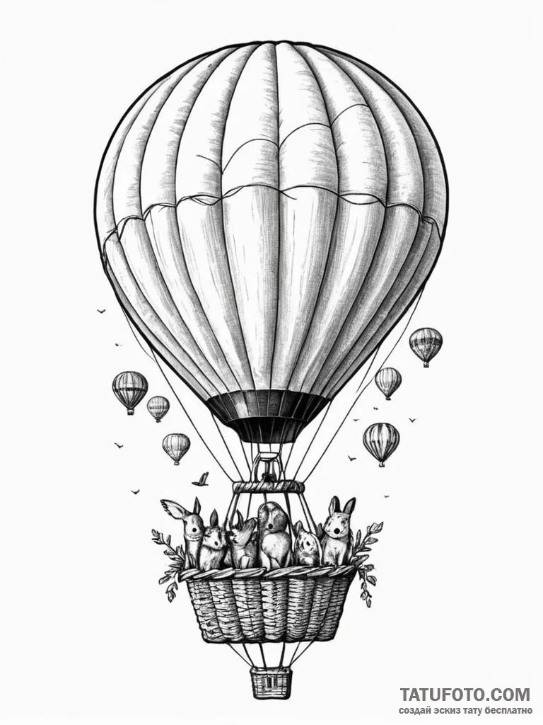 A whimsical hot air balloon basket with anima... - эскиз тату (№1751743241_0, 05.07.2025 19:20) — Tatufoto.com