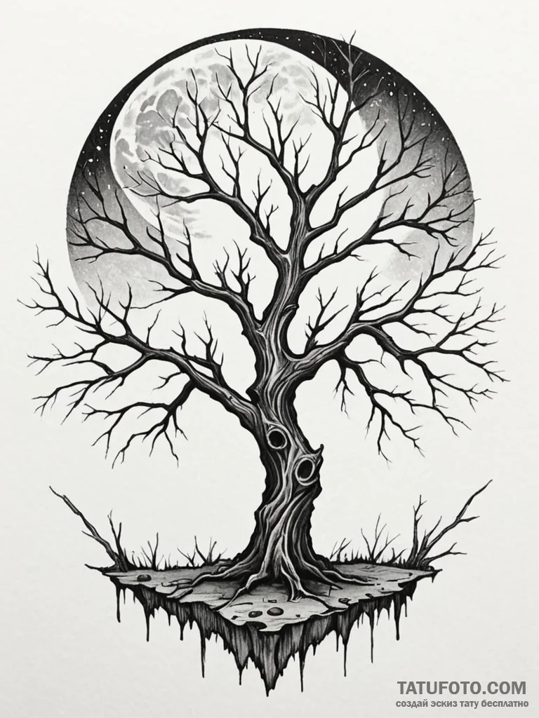 A gnarled, dead tree against a full moon, tat... - эскиз тату (№1751744623_0, 05.07.2025 19:43) — Tatufoto.com