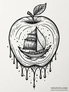 Apple sliced with dripping honey, tattoo line... - эскиз тату (№1751745984_0, 05.07.2025 20:06) — Tatufoto.com