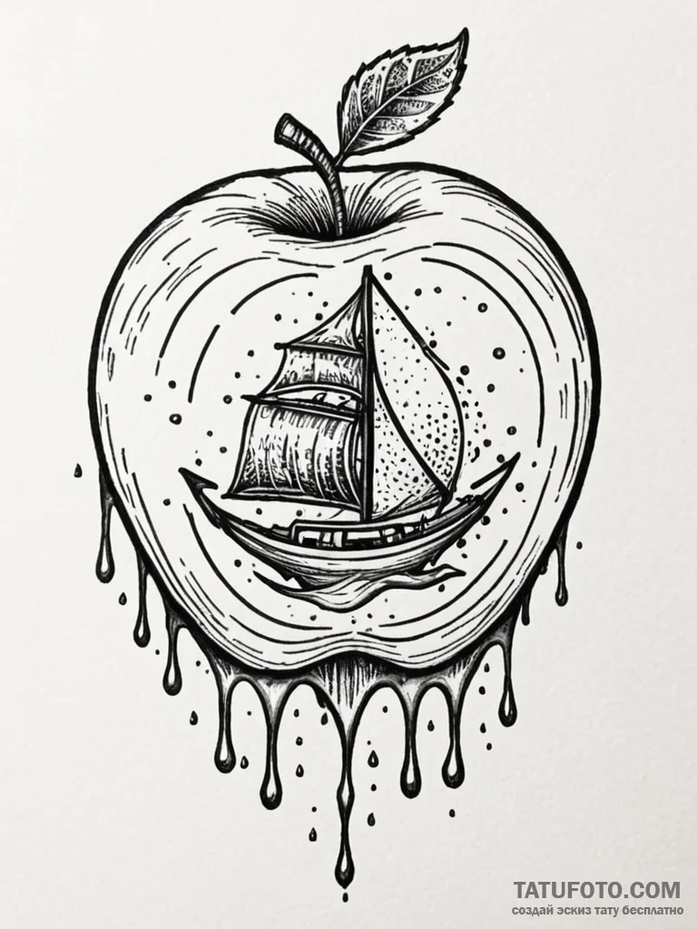 Apple sliced with dripping honey, tattoo line... - эскиз тату (№1751745984_0, 05.07.2025 20:06) — Tatufoto.com