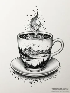 Porcelain cup spilling starlight, tattoo line... - эскиз тату (№1751746152_0, 05.07.2025 20:09) — Tatufoto.com