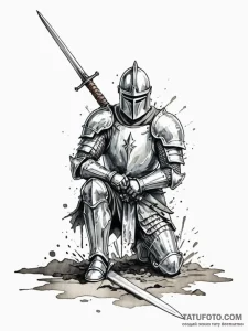 Ash-covered knight kneeling, sword plunged in... - эскиз тату (№1751746744_0, 05.07.2025 20:19) — Tatufoto.com