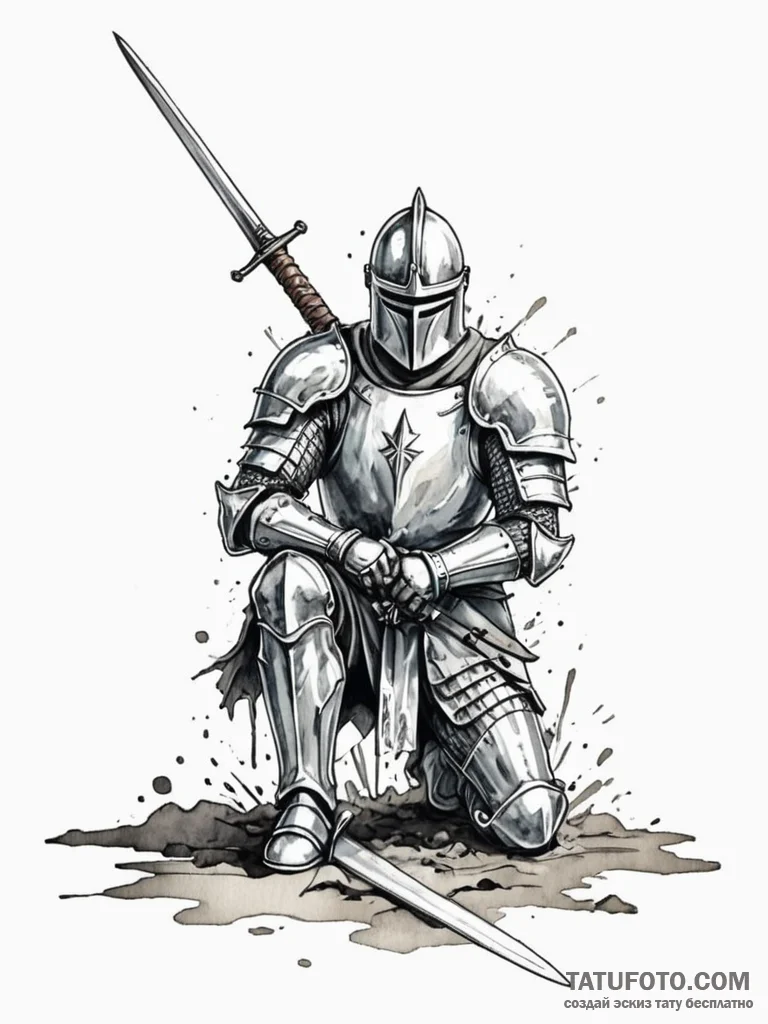 Ash-covered knight kneeling, sword plunged in... - эскиз тату (№1751746744_0, 05.07.2025 20:19) — Tatufoto.com