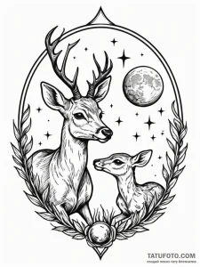 Doe and fawn touching noses under a full moon... - эскиз тату (№1751747334_0, 05.07.2025 20:28) — Tatufoto.com