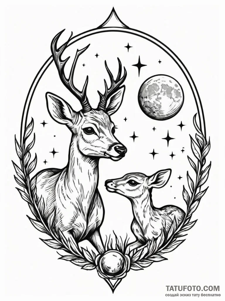 Doe and fawn touching noses under a full moon... - эскиз тату (№1751747334_0, 05.07.2025 20:28) — Tatufoto.com