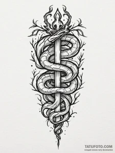 Hallowed serpent crowned in roots, tattoo lin... - эскиз тату (№1751748008_0, 05.07.2025 20:40) — Tatufoto.com