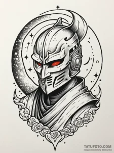 Kendo mask beneath spectral moon, tattoo line... - эскиз тату (№1751748515_0, 05.07.2025 20:48) — Tatufoto.com