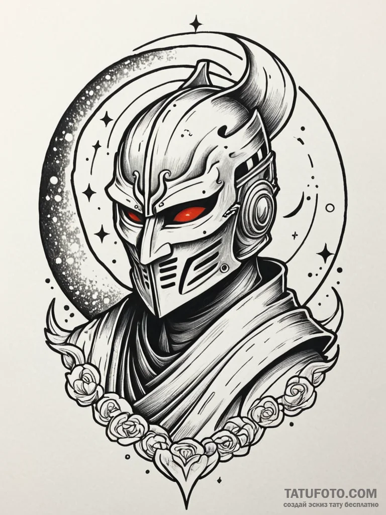 Kendo mask beneath spectral moon, tattoo line... - эскиз тату (№1751748515_0, 05.07.2025 20:48) — Tatufoto.com