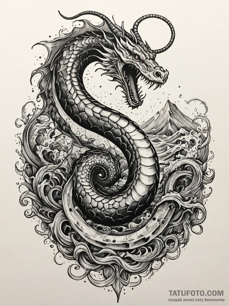 Raging sea serpent coiling through wreckage,... - эскиз тату (№1751749106_0, 05.07.2025 20:58) — Tatufoto.com