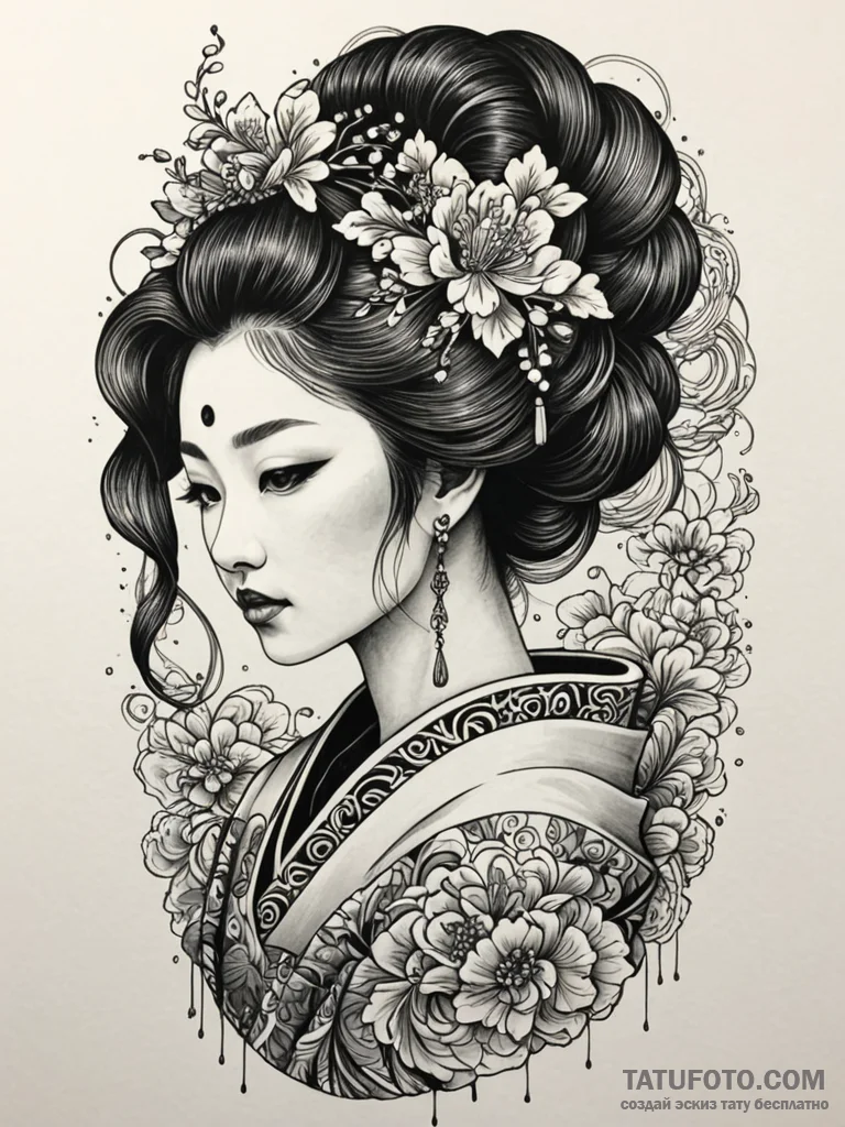 Jade comb in a geisha's hair, concept art for... - эскиз тату (№1751750207_0, 05.07.2025 21:16) — Tatufoto.com