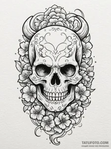 Marigold skull (calavera), elegant and ornate... - эскиз тату (№1751750460_0, 05.07.2025 21:21) — Tatufoto.com