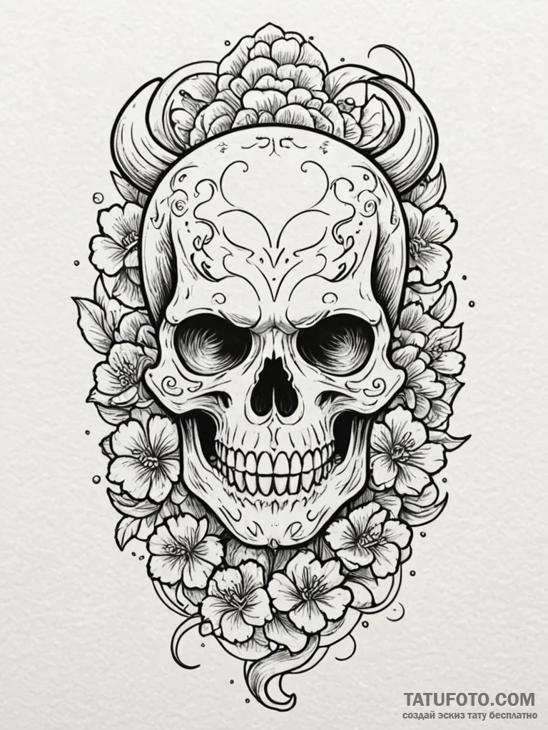 Marigold skull (calavera), elegant and ornate... - эскиз тату (№1751750460_0, 05.07.2025 21:21) — Tatufoto.com