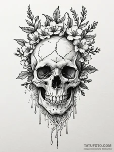Oak blossom blooming from skull, tattoo line... - эскиз тату (№1751750888_0, 05.07.2025 21:28) — Tatufoto.com
