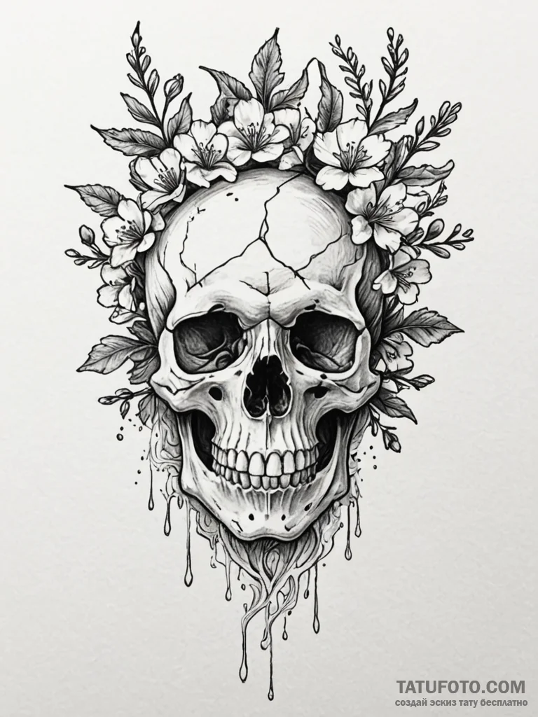 Oak blossom blooming from skull, tattoo line... - эскиз тату (№1751750888_0, 05.07.2025 21:28) — Tatufoto.com