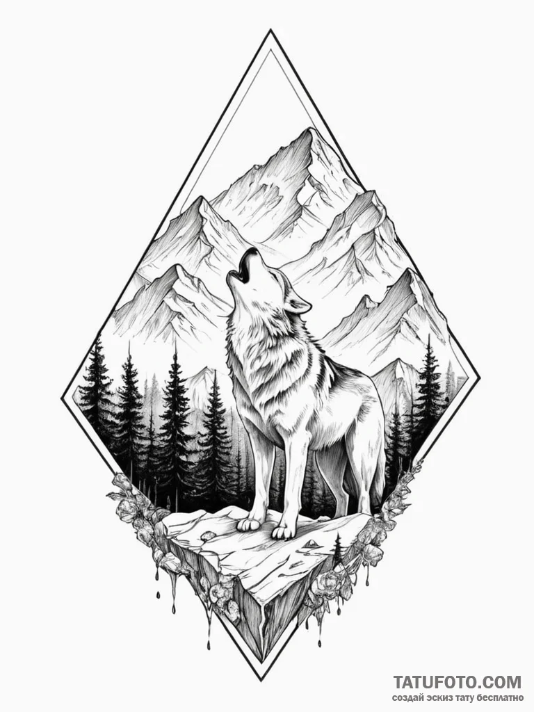Mountain peak shaped like a howling wolf, ink... - эскиз тату (№1751751143_0, 05.07.2025 21:32) — Tatufoto.com