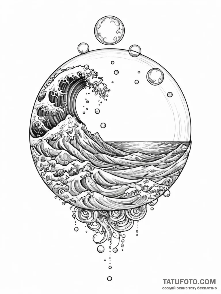 A whimsical bubble floating over ocean, vast,... - эскиз тату (№1751751228_0, 05.07.2025 21:33) — Tatufoto.com