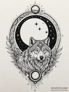 Night wolf beneath eclipsed moon, tattoo line... - эскиз тату (№1751753847_0, 05.07.2025 22:17) — Tatufoto.com