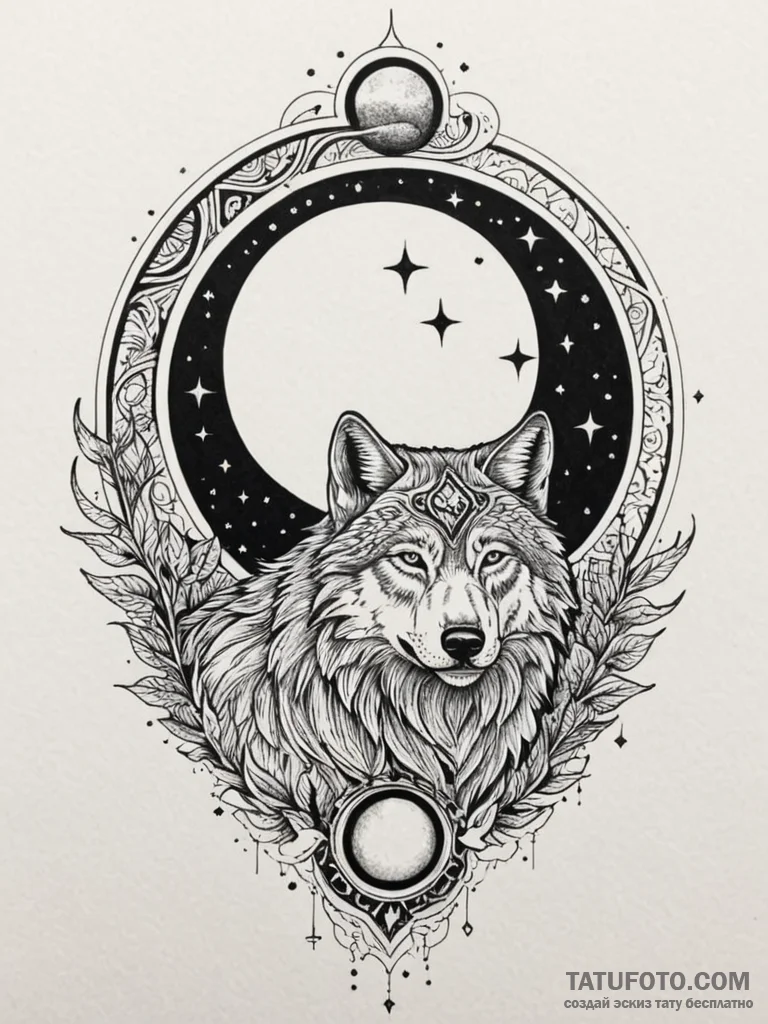 Night wolf beneath eclipsed moon, tattoo line... - эскиз тату (№1751753847_0, 05.07.2025 22:17) — Tatufoto.com