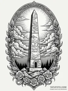 Obelisk beneath crimson clouds, ink illustrat... - эскиз тату (№1751754103_0, 05.07.2025 22:21) — Tatufoto.com