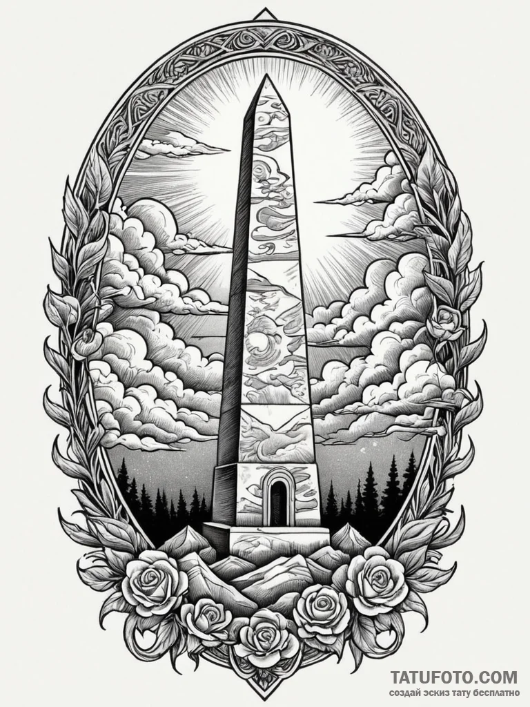 Obelisk beneath crimson clouds, ink illustrat... - эскиз тату (№1751754103_0, 05.07.2025 22:21) — Tatufoto.com
